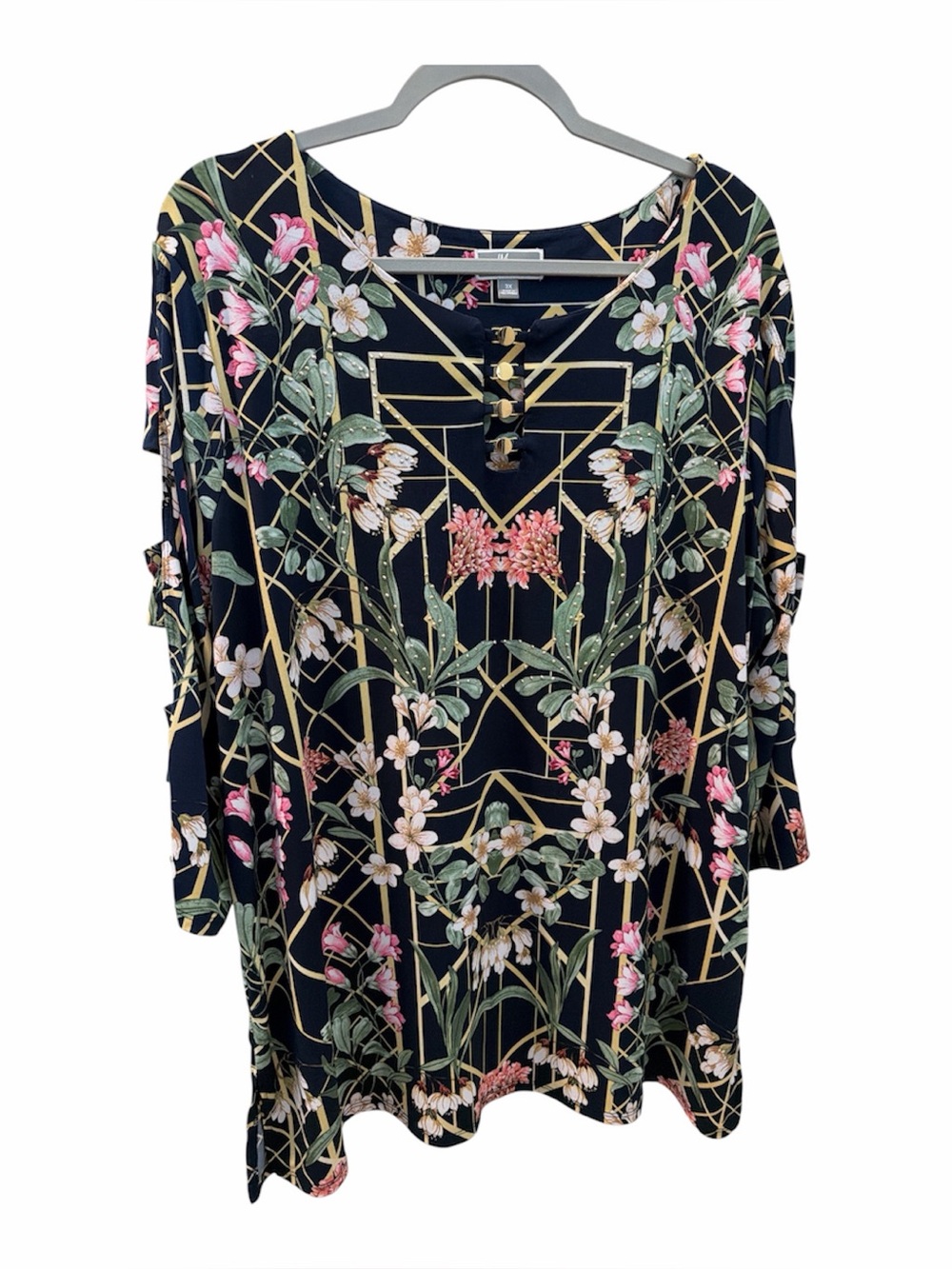 JM COLLECTION Floral Geometric Tunic Top w/ Ladder Cutout Sleeves size 3X